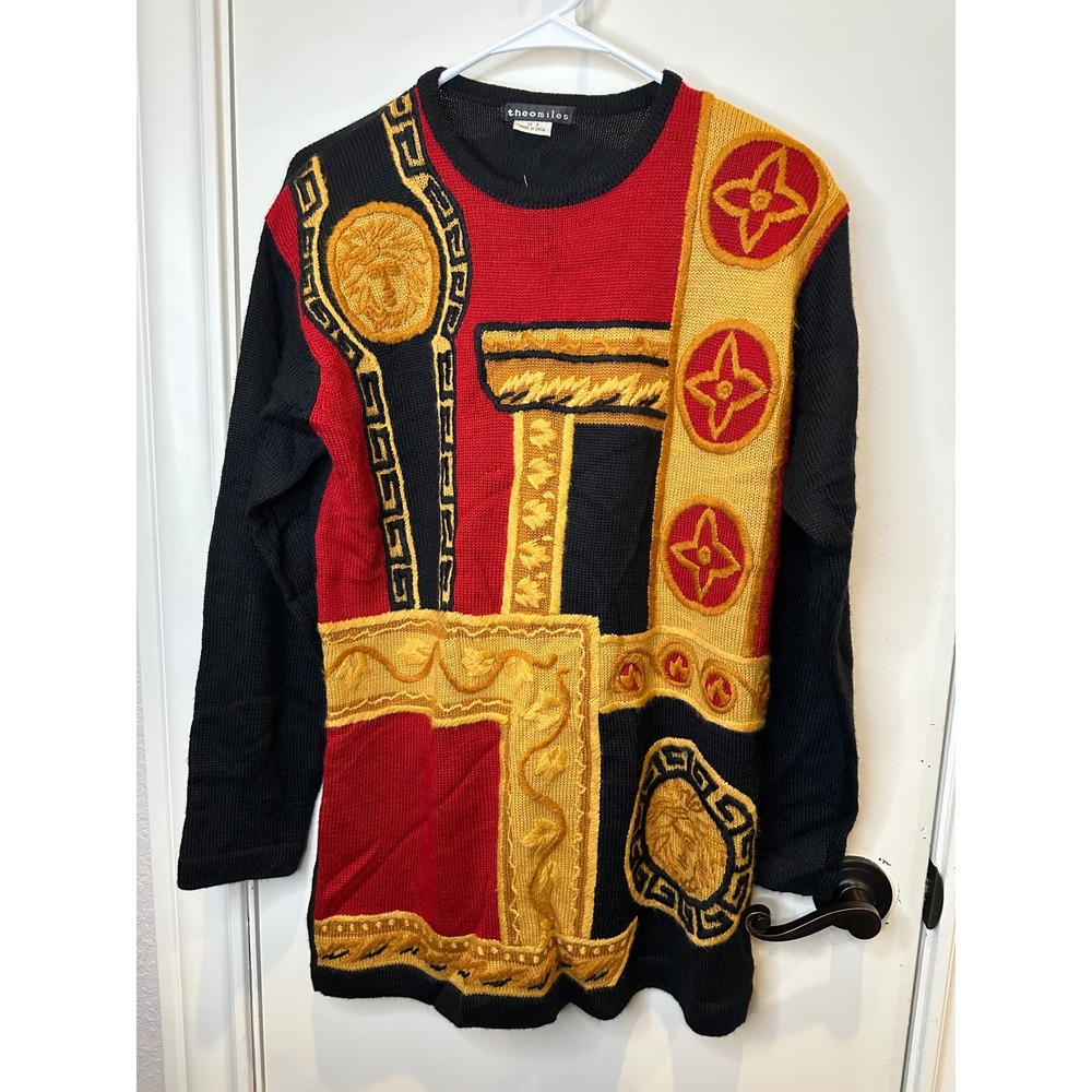 Theo Miles Womens Small Vintage Greek Key Medusa Baroque Colorblock Sweater Red